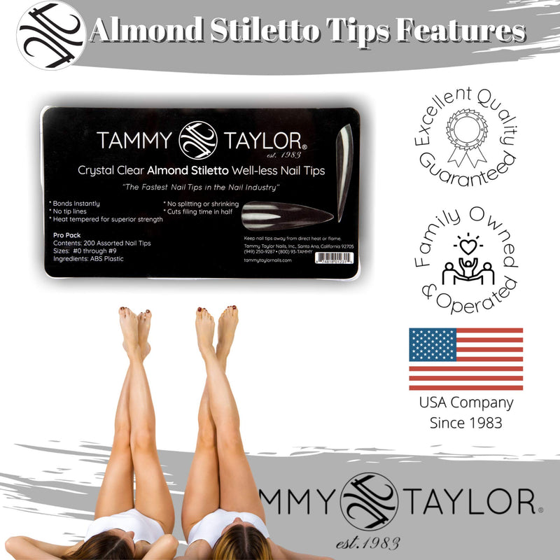 Tammy Taylor Crystal Clear Almond Stiletto Well-less Nail Tips | Instant Bond With No Tip Lines | Heat Tempered, Won’t Split or Shrink (20ct) 20ct - BeesActive Australia