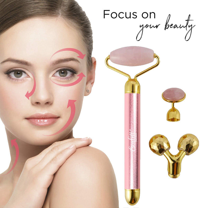 Face Roller Massager Jade Set, Under-Eyes Press Facial Tool for Woman, Rose Quartz Electric Vibrating Body Contour Beauty Kit (Pink) Pink - BeesActive Australia