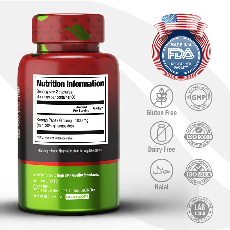ORZAX Panax Ginseng , Korean Red Ginseng Capsules 30% Ginsenosides, Premium 120 Vegetable Capsules Panax Ginseng 1000 mg , for Energy Boosting , Support Focusing and Performance , Gluten-Free - BeesActive Australia