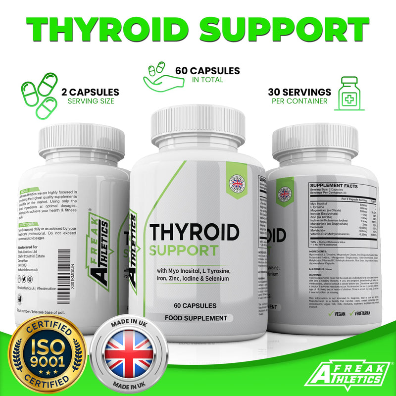 Thyroid Support Supplement - 60 Capsules - Includes Myo inositol, L-Tyrosine, Iron, Magnesium, Zinc, Manganese, Selenium, Vitamin B12 - Contributes to The Reduction of Tiredness & Fatigue - BeesActive Australia