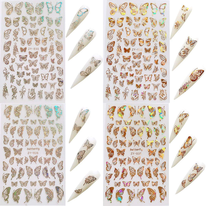 8 Sheets Butterfly Nail Art Stickers Holographic Laser Self Adhesive Nail Art Decals Gold and Silver Butterfly Shapes Design for Women Girls Manicure Tips Wraps Decorations - BeesActive Australia