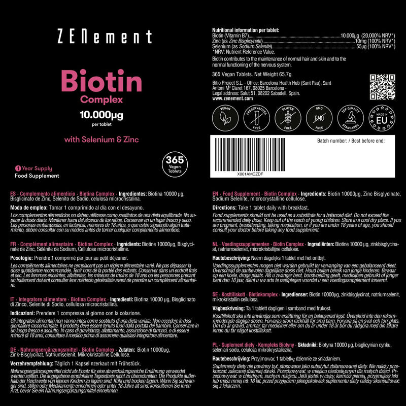 Biotin Hair Growth Supplement, 365 Tablets Enhanced with Zinc & Selenium, Hair Vitamins Complex | Biotin 10000 mcg | Vegan Supplement, Hair Skin and Nails Vitamins for Women & Men | Zenement - BeesActive Australia