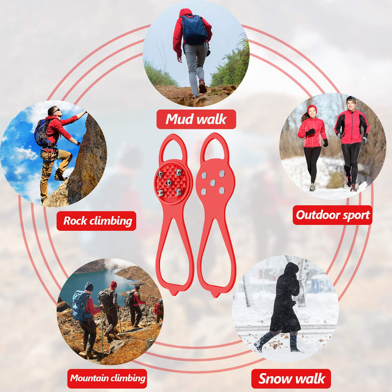 1 Pair Non Slip Gripper Spikes Claw Universal Ice Non Slip Shoe Spikes with 5 Tooth Steel Nails for Hiking Mountaineering Skiing Walking Shoes and Boots Red - BeesActive Australia