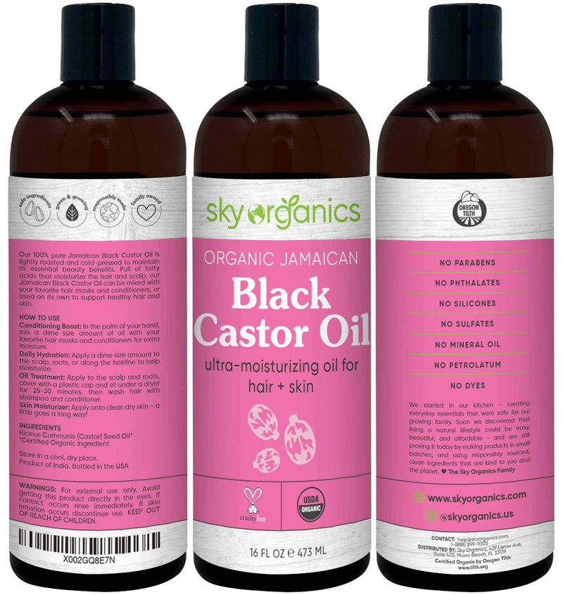 Organic Jamaican Black Castor Oil by Sky Organics (16 oz) USDA Organic 100% Pure Roasted Castor Oil Moisturizing Oil for Hair and Skin Oil Treatment Castor Oil Hair Mask Natural Skin Moisturizer - BeesActive Australia