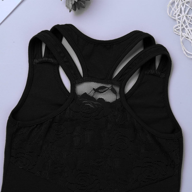 [AUSTRALIA] - moily Girls Floral Lace Racer Back Ballet Leotard Gymnastics Dance Sports Tank Top Activewear Black 7/8 