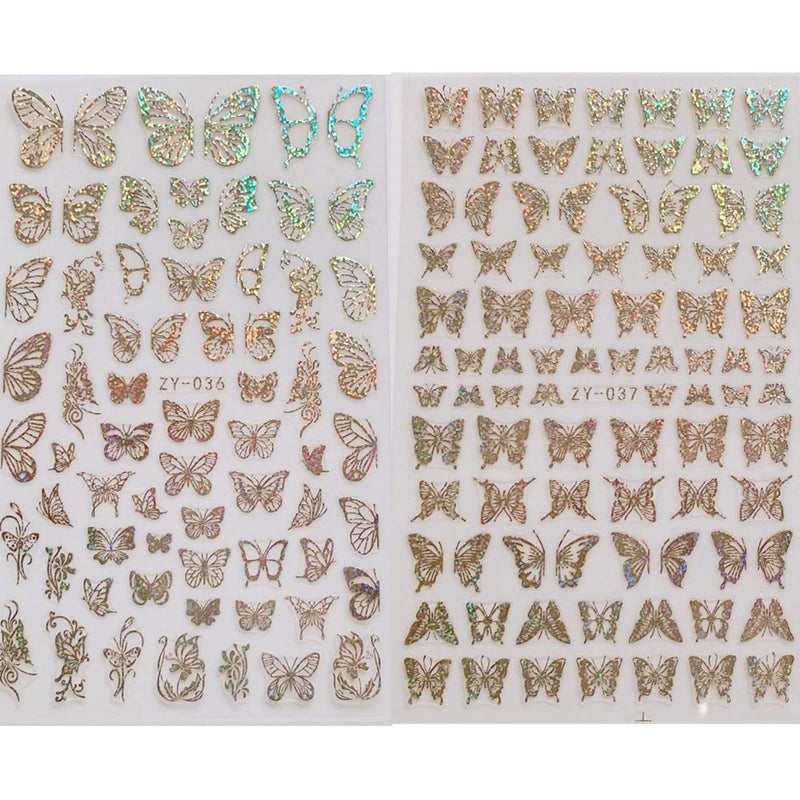 YESORNO 8 Sheets Gold Nail Art Stickers Metallic Butterfly Nail Stickers Manicure Adhesive DIY Nail Decals Laser Silver Nail Sticker A-1 - BeesActive Australia