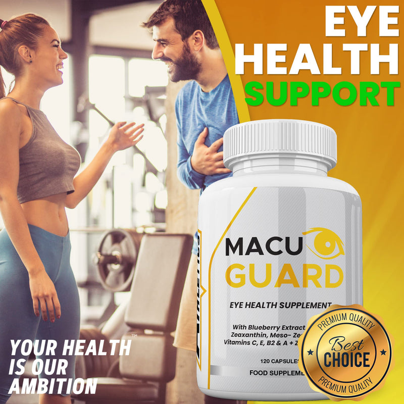 MacuGuard+ Eye Supplement - 120 Capsules - Zeaxanthin, Meso Zeaxanthin, Lutein, Blueberry Extract Plus Vitamins and Minerals - Premium UK Made - BeesActive Australia