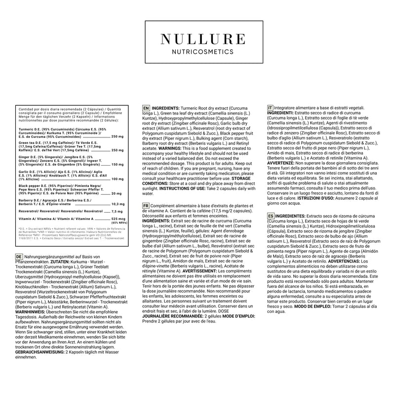 Natural Thermogenic Fat Burner Nullure I Vegan I Complete Formulation - Green Tea + Turmeric + Ginger + Berberine + Resveratrol + Garlic + Vitamin A + Piperine - 120 Capsules (2 Months) - BeesActive Australia