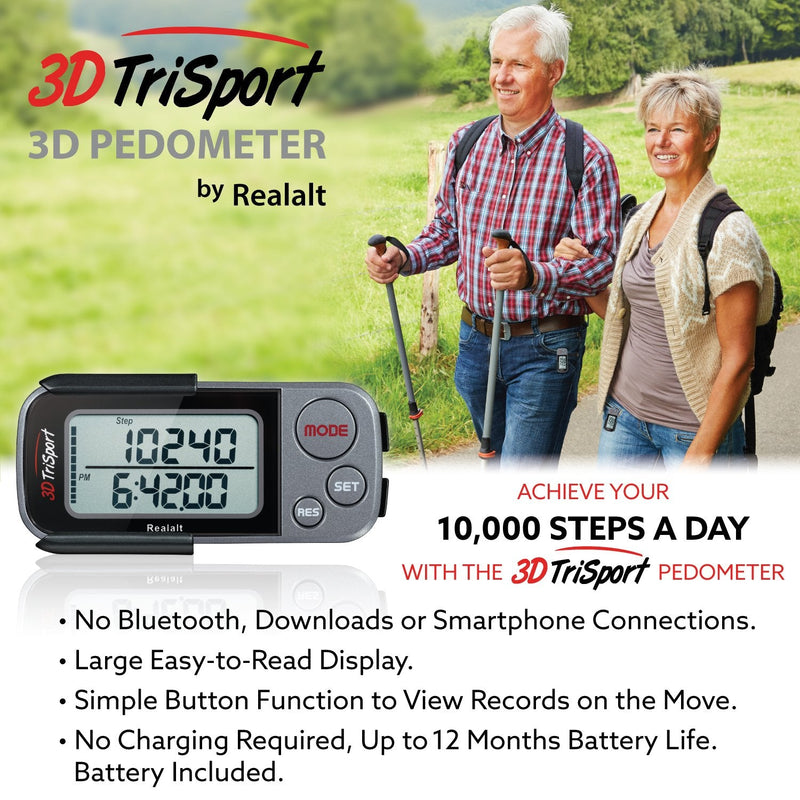 3DTriSport Walking 3D Pedometer with Clip and Strap, Free eBook | 30 Days Memory, Accurate Step Counter, Walking Distance Miles/Km, Calorie Counter, Daily Target Monitor, Exercise Time. Grey/Black - BeesActive Australia