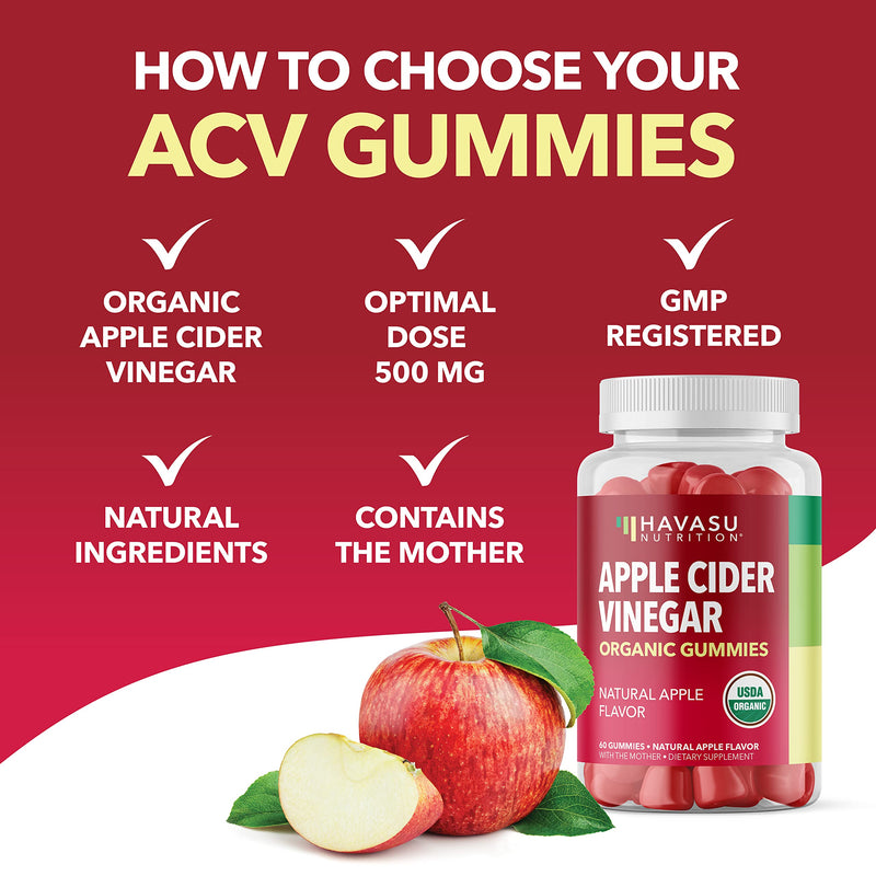 Organic Apple Cider Vinegar Gummies with The Mother | Metabolism Control & Detox to Boost Digestion | 60 Vegan & Non-GMO ACV Gummies | Tasty Natural Apple Flavor 60 Count (Pack of 1) - BeesActive Australia