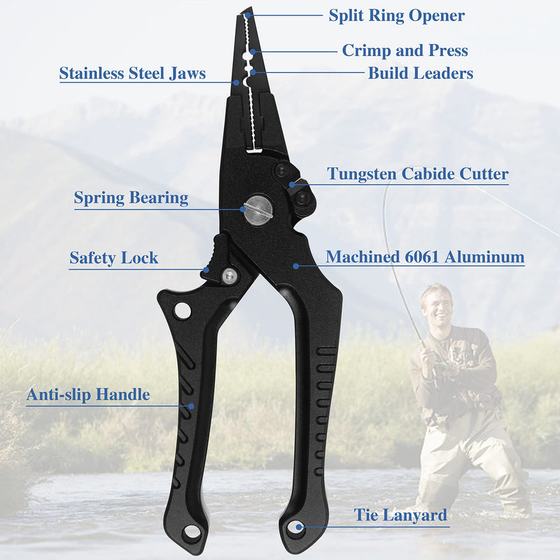OROOTL Aluminum Fishing Pliers Saltwater Split Ring Pliers Hook Remover Line Cutter Fish Gripper Multitool with Lanyard Sheath Fishing Tool Gear Kit for Freshwater Sea Ice Fishing Black - BeesActive Australia