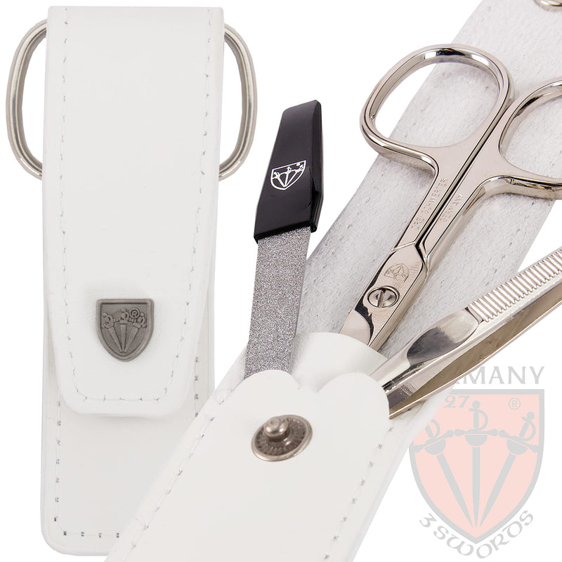 3 Swords Germany - brand quality 3 piece manicure pedicure grooming kit set for professional nail care scissors file genuine leather case in gift box, Made in Solingen Germany WHITE - BeesActive Australia