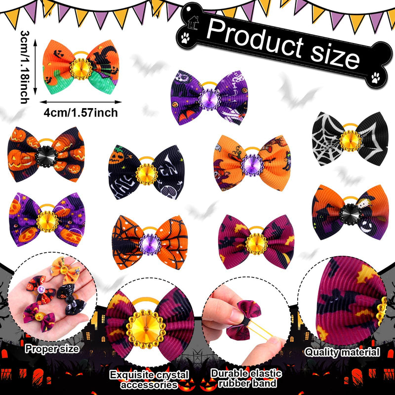 Tondiamo 100 Pack Halloween Dog Hair Bows with Rubber Bands Halloween Puppy Bows Rhinestone Dog Bows Grooming with Bat Ghost Dog Hair Accessories for Small Girl Dogs (Ghost Pattern) - BeesActive Australia