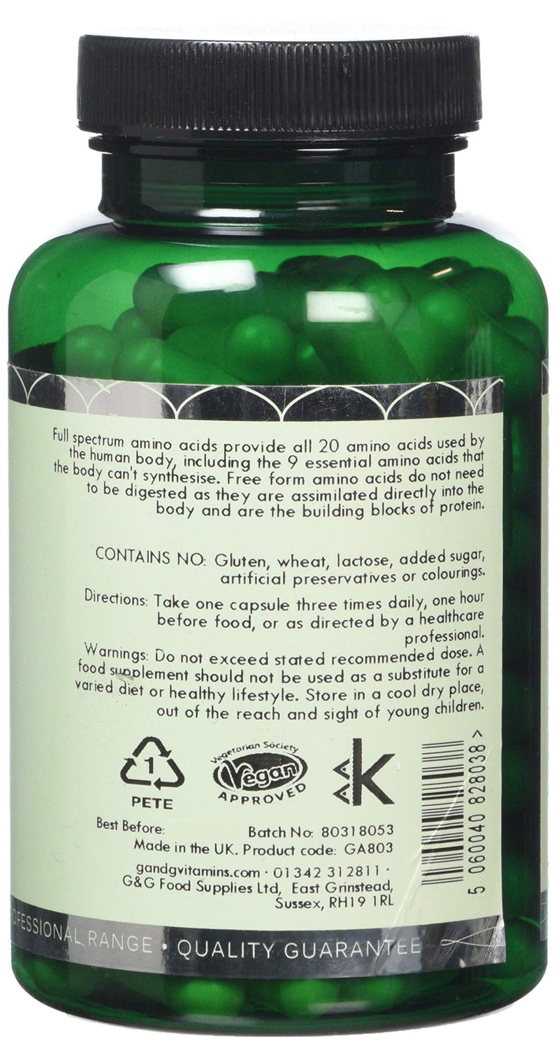 G&G Vitamins Full Spectrum Amino Acid Capsules - Vegan Free Form, BCAA - 120 Capsules - BeesActive Australia