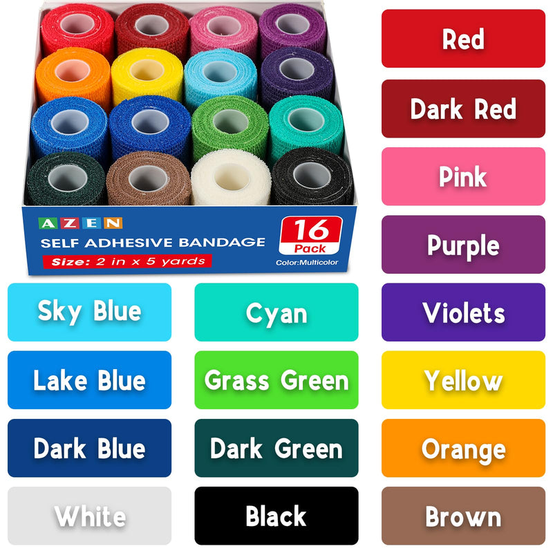 AZEN 16 Pack Self Adhesive Bandage Wrap, 2" X 5 Yards Elastic Cohesive Bandage Wrap, Color Athletic Tape, Vet Wrap, Ankle Tape, Tattoo Grip Tape Wrap B-16color - BeesActive Australia