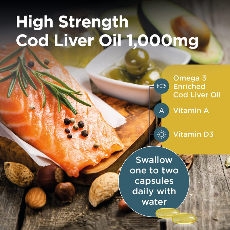 Healthspan Cod Liver Oil 1,000mg (240 Capsules) | Rich in Omega 3 Fatty Acids DHA & EPA | Brain, Eyes & Heart Health | Vitamin A & D3 | Vision, Bones, Teeth & Immune | Sustainably Sourced 240 Count (Pack of 1) - BeesActive Australia