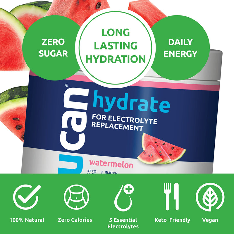 UCAN Hydrate Electrolyte Drink Mix, Watermelon, Sugar-Free Hydration Powder, Keto, Non-GMO, Vegan, All Natural, Gluten-Free, 30 Servings (3.15 Ounces) - BeesActive Australia
