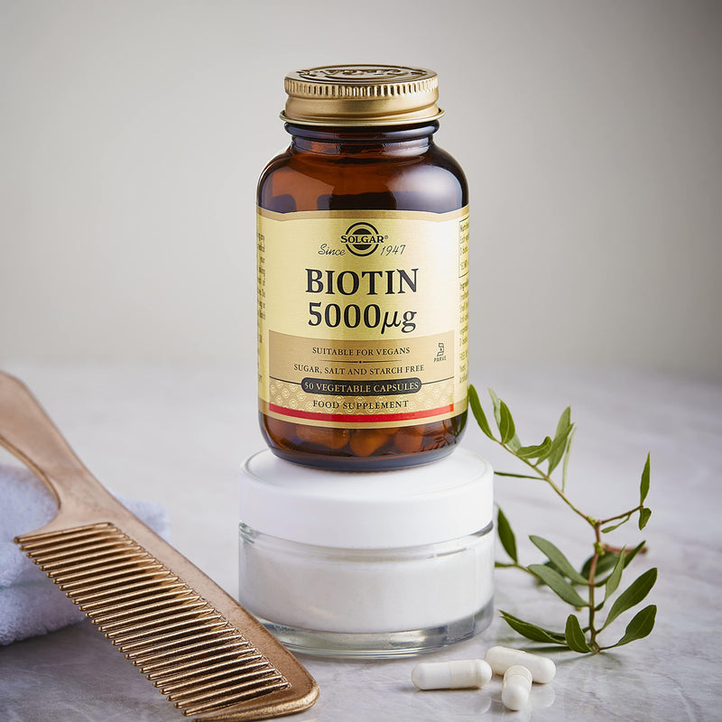 Solgar Biotin 5000 mcg Vegetable Capsules - High Strength Formula - Supports Hair Growth, Glowing Skin, Energy & Vitality - Health Supplement - Sugar Free - Suitable for Vegans - Pack of 50 - BeesActive Australia