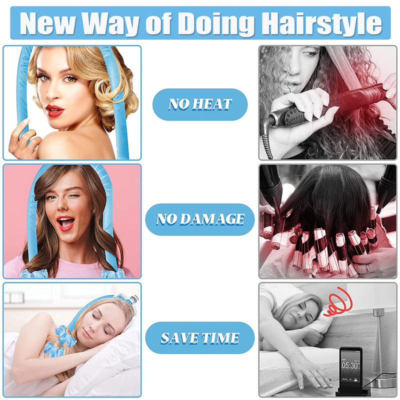 Heatless Curling Rod Headband,No Heat Wave Hair Curlers,Overnight Silk Hair Roller Lazy Curls DIY Hair Styling Tool (Blue) Blue - BeesActive Australia