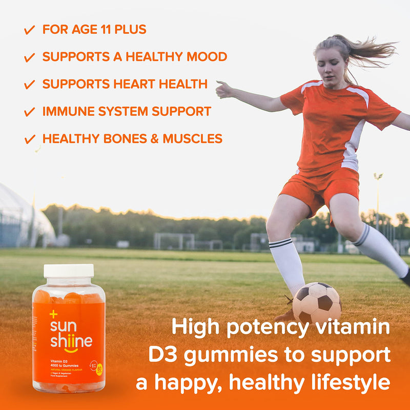 Sunshiine Vegan Vitamin D3 4000 IU Gummies - Vitamin D Important for Immunity & Bones - Vitamin D3 Chewable Gummies 60 Count - Vitamin D Gummies for Adults and Children Above Age 11, Orange Flavour - BeesActive Australia