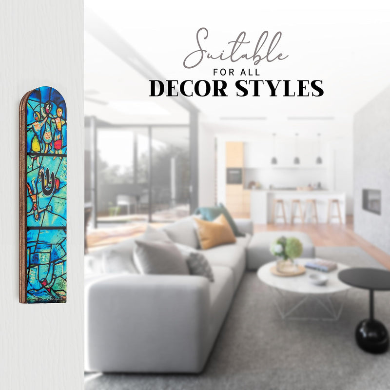 SURI Wooden Mezuzah for Door - Contemporary Mezuzah Case with Turquoise Chagall Design - 5" Mezuzah for Home Includes Mezuzah Adhesive for Easy Installation - Jewish Gift Box and a non-kosher Scroll - BeesActive Australia