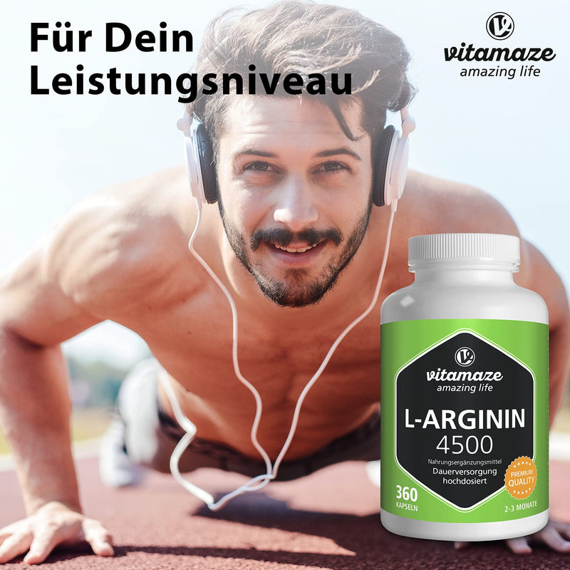 L-Arginine High Strength 4500 mg - 360 Capsules - Sport Performance Booster - Natural Supplement of Pure L Arginine Without Additives, German Quality- Vitamaze - BeesActive Australia