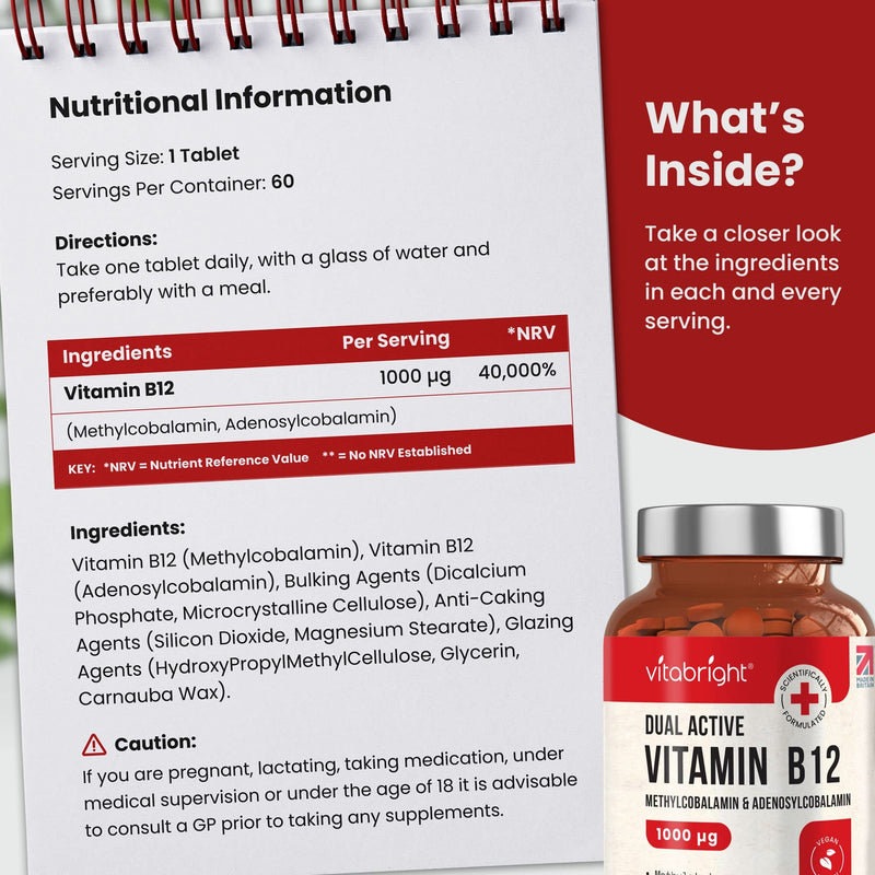 Vitamin B12 Tablets - 1000mcg High Strength - Dual Active Methylcobalamin and Adenosylcobalamin - 60 Tablets (2 Month Supply) - for Immune System, Brain and Energy - Vegan - Made in UK by VitaBright 60 Count (Pack of 1) - BeesActive Australia