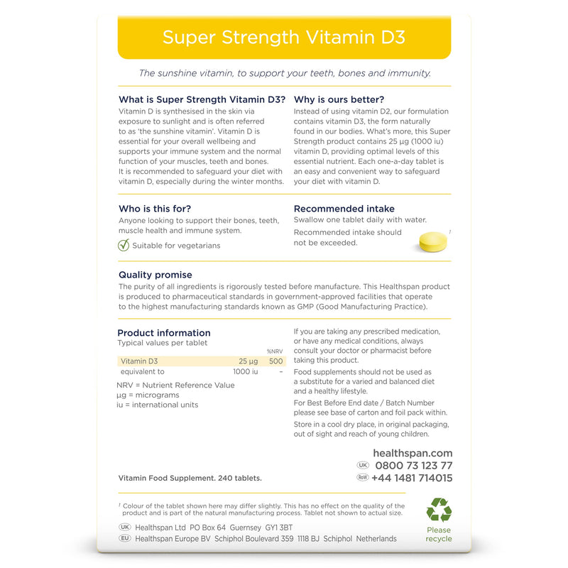 Healthspan Super Strength Vitamin D3 (240 Tablets) | Immune Health | Bone, Teeth & Muscle Health | Contains 1,000iu of Natural Source Vitamin D3 in Each Tablet | Vegetarian 240 Count (Pack of 1) - BeesActive Australia