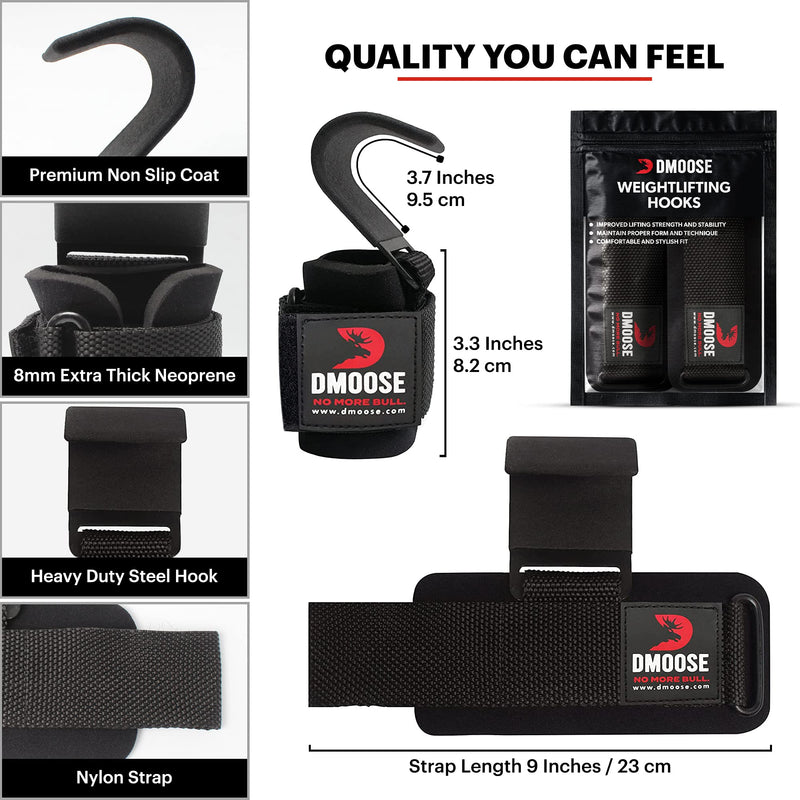 DMoose Weight Lifting Hooks (Pair), Hand Grip Support Wrist Straps for Men and Women, 8 mm Thick Padded Neoprene, Deadlift, Powerlifting, Pull up bar, Liftups, Shrugs Black (Flat Hook) - BeesActive Australia
