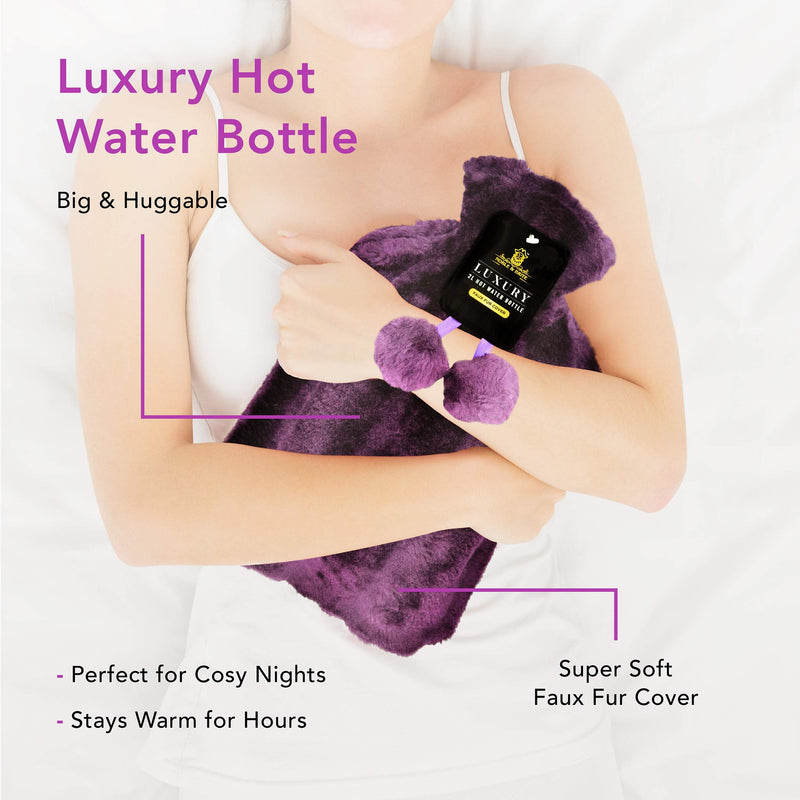 Hot Water Bottle with Cover Fluffy Super Soft Faux Fur Large 2 Litre (Purple) Purple - BeesActive Australia