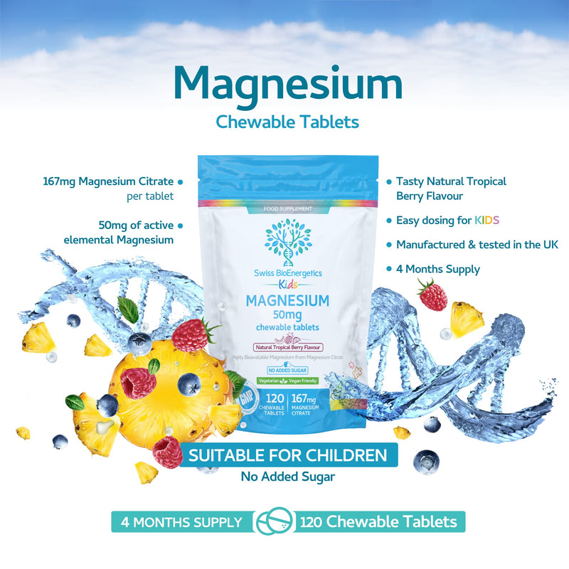 Magnesium Chewable Tablets 50mg � Balanced Dosage for Children from 167mg of Magnesium Citrate � Easily absorbable & Highly bioavailable - Tropical Berry Flavour with no Added Sugar - Vegan & UK Made - BeesActive Australia