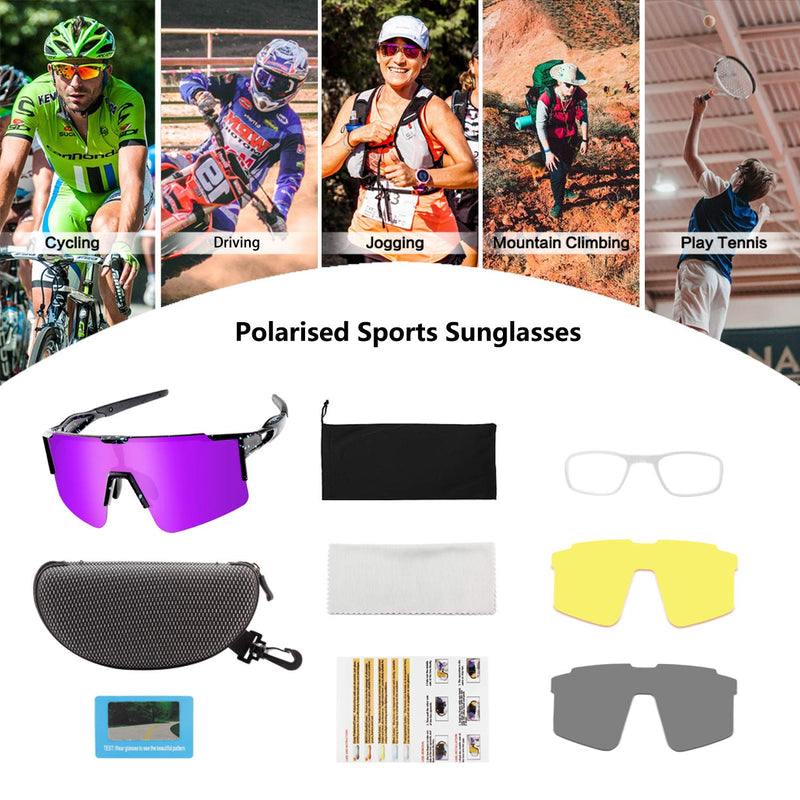 Xiyalai Cycling Sports Sunglasses,Polarized Sunglasses with 3 Interchangeable Lenses,Baseball Running Fishing Golf Black Light&purple - BeesActive Australia