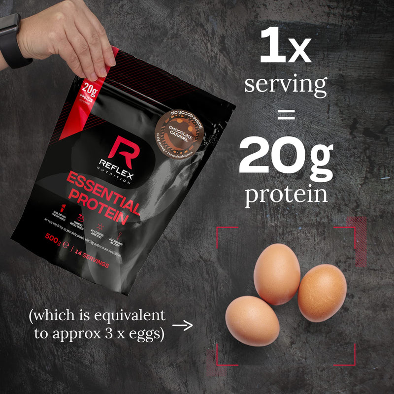 Reflex Nutrition Essential Whey Protein Powder | 20g Per Serving | All 9 Amino Acids | Chocolate Caramel, 500g - BeesActive Australia