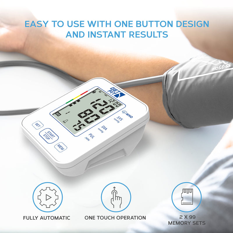 Get Fit Blood Pressure Monitor for Home Use - Medical Upper Arm Blood Pressure Machine Reader - Pulse Rate Monitor - 2x99 Memory - Large Adult Cuff - LCD Display Sphygmomanometer - White - 22-32cm Arm Cuff Size 22-32cm - BeesActive Australia
