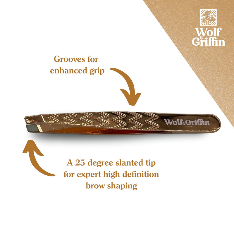 Wolf & Griffin Rose Gold Ultimate Precision Tweezers with Case | Stainless Steel with Rose Gold Coating | Professional Slant Tweezers - BeesActive Australia