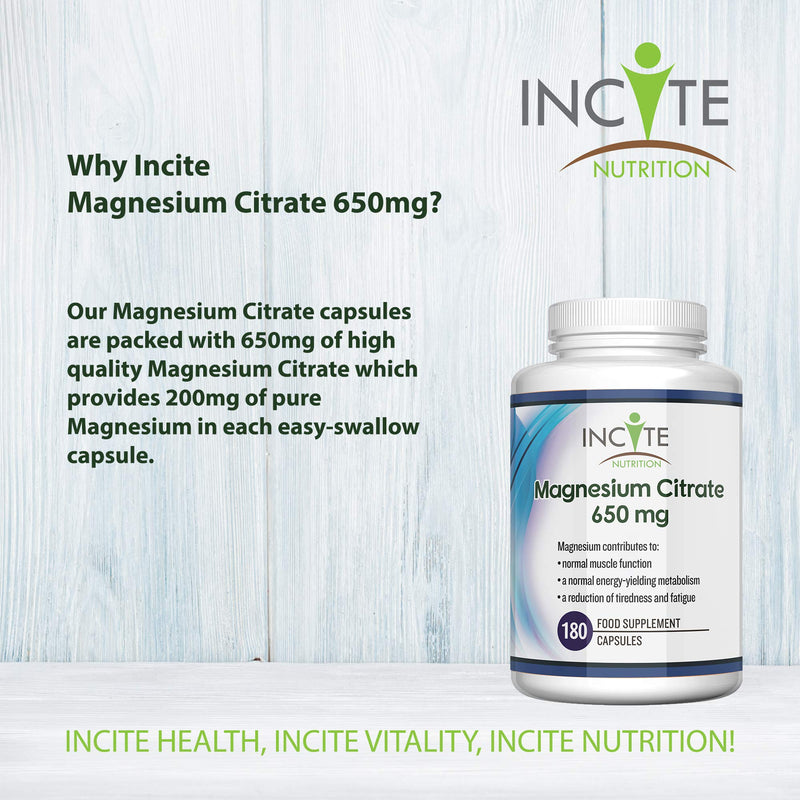 Magnesium Citrate Supplement 650mg | 180 Premium Vegan Capsules not Tablets (6 Month�s Supply) | High Strength Magnesium Citrate | Suitable for Vegetarian | Made in The UK by Incite Nutrition� - BeesActive Australia