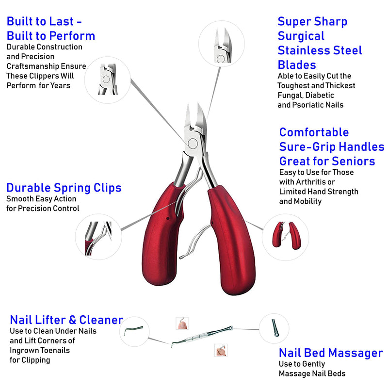 Joy Knows - Nail Clipper 3 Piece Boxed Set Stainless Steel Super Sharp for Thick Ingrown Diabetic Fungal Toenails, Sure Grip Handles Perfect for Seniors, Men & Women, Includes File & Nail Lifter - BeesActive Australia