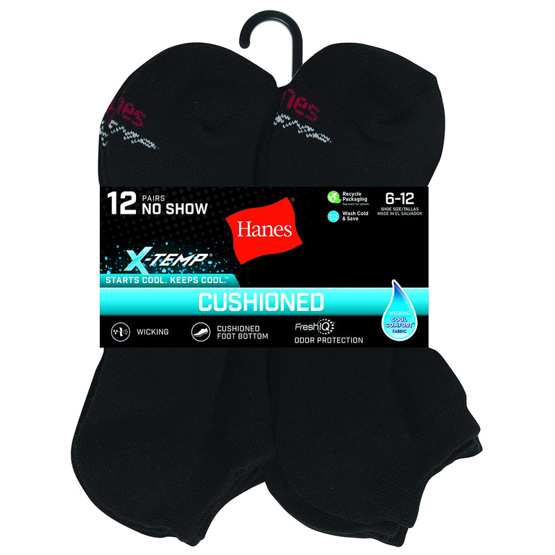 Hanes Men's X-temp Cushioned No Show Socks (Pack of 12 Pairs) 6-12 Black - BeesActive Australia