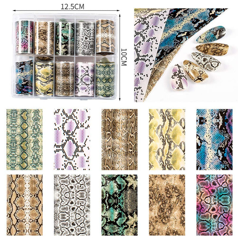 Bonnie-Sam 10 Sheets Snake Print Nail foil Water Adhesive Decals Wraps Transfer Fingernail Art Sticker Paper Snake Pattern - BeesActive Australia