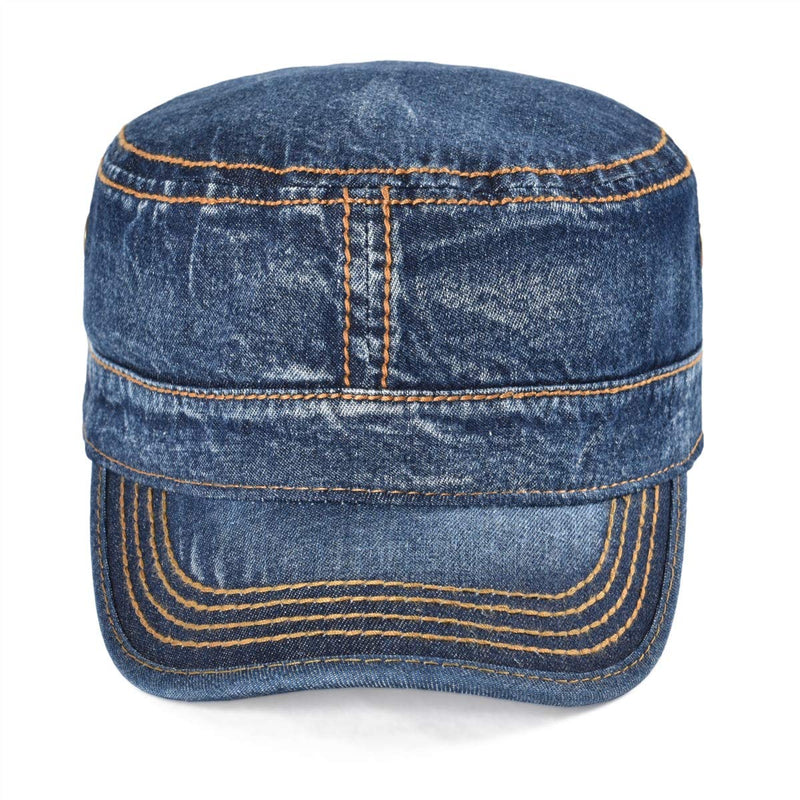 VOBOOM Washed Cotton Military Caps Cadet Army Caps Unique Design Vintage Flat Top Cap Denim Dark Blue - BeesActive Australia