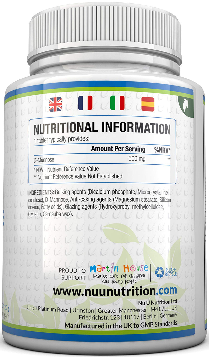 D-Mannose Tablets 500mg - 120 Vegan Tablets - 4 Month Supply - High Strength D Mannose - Not Capsules or Powder - Made in The UK - BeesActive Australia
