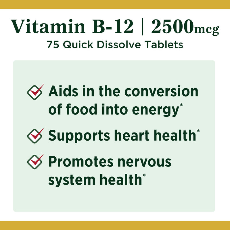 Nature’s Bounty Vitamin B-12 Supplement, Supports Metabolism and Nervous System Health, 2500mcg, 75 Tablets - BeesActive Australia