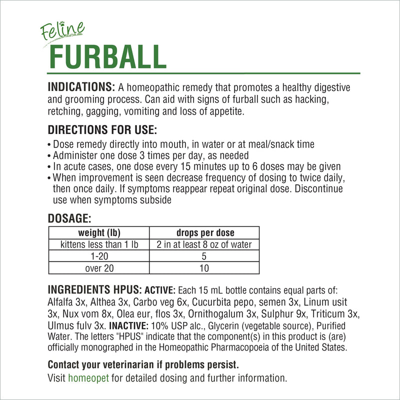 HomeoPet Feline Furball, Natural Hairball Support, 15 Milliliters - BeesActive Australia