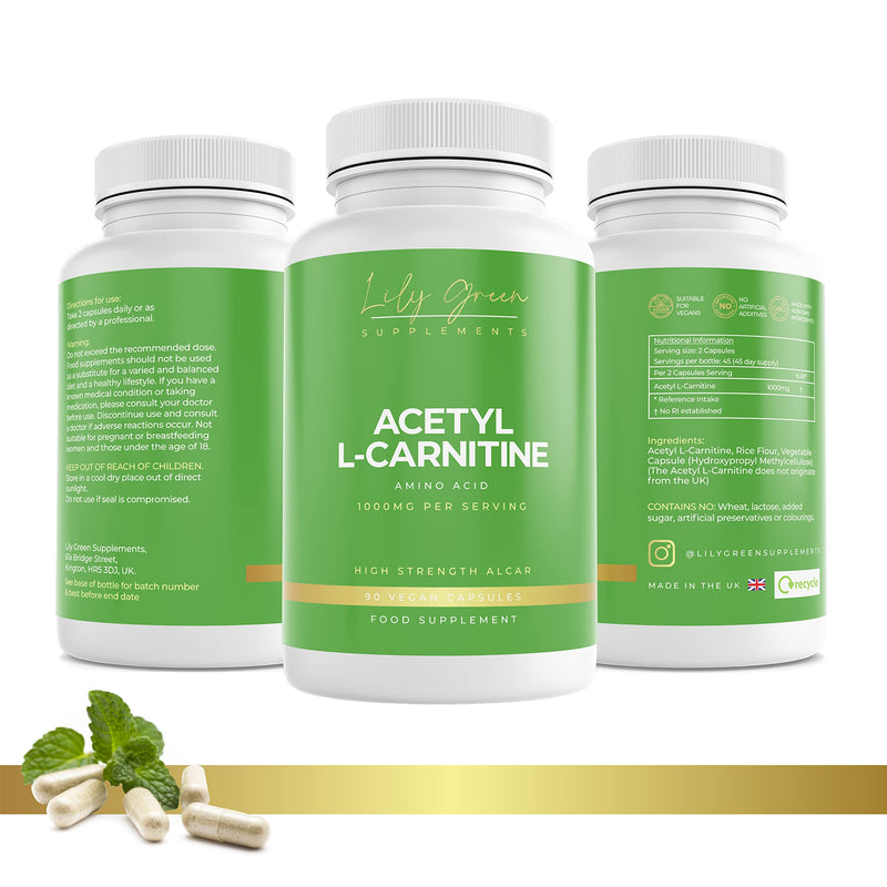 Lily Green | Acetyl L-Carnitine 1000mg per Serving | 90 Vegan Capsules | High Strength ALCAR | Amino Acid | Non-GMO | No Artificial Fillers or Excipients | Made in UK - BeesActive Australia