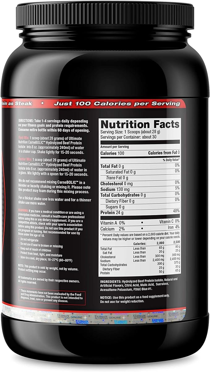 Ultimate Nutrition Carne Bolic Beef Protein Powder, Lactose Free Protein Shakes, Paleo and Keto Friendly with No Sugar or Carb, Low Calorie Isolate Powder, 30 Servings, Blue Raspberry - BeesActive Australia