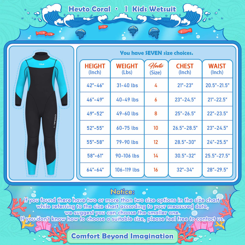 Hevto Wetsuits Kids and Youth Vigor 3mm Neoprene Full Suits Long Sleeve Surfing Swimming Diving Swimsuits Keep Warm Back Zip for Water Sports C-Kids Blue 6 - BeesActive Australia