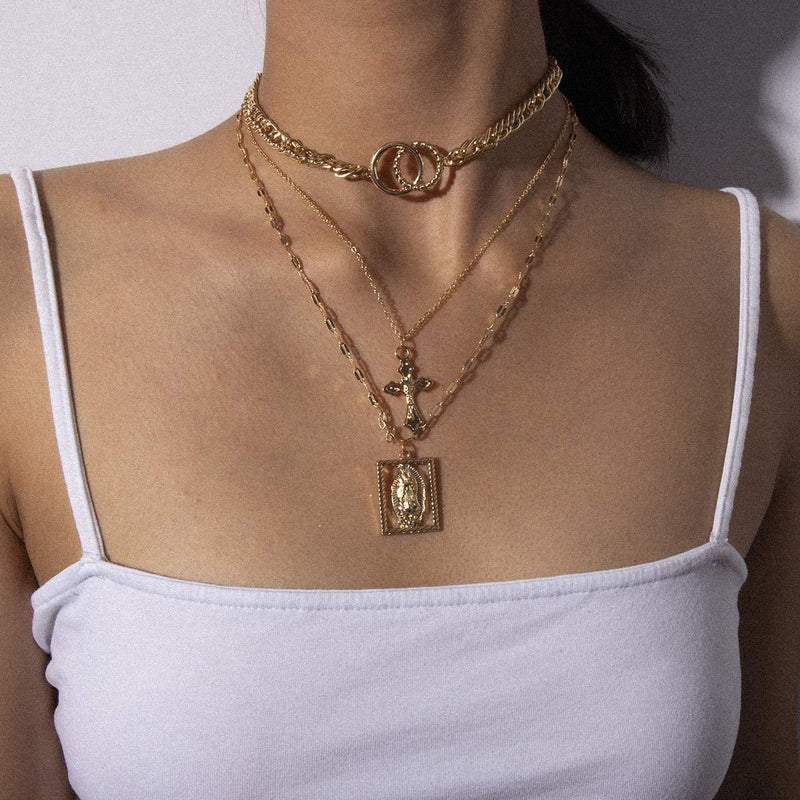 Kercisbeauty Gold Cross Necklace for Women Multi Layered Necklace with Vrigin Mary Pendant Circle Choker Thick Chain Choker for Women Girls - BeesActive Australia