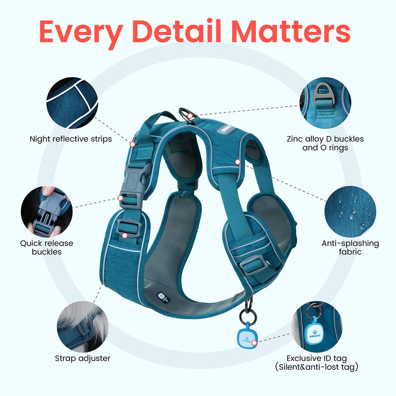 Pawaii Dog Harness, No-Pull Pet Harness with Pet ID Tag, No Choke Front Lead Dog Harness, Adjustable Soft Padded Pet Vest with Easy Control Handle M (Chest: 22"-27" ) Teal Green - BeesActive Australia