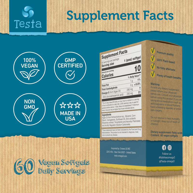 Testa Omega-3 - Vegan Omega 3-250mg DHA - Algae Oil - Plant Based Omega-3 - Pure and Vegan - Healthier Than Fish Oil - 60 Capsules - BeesActive Australia