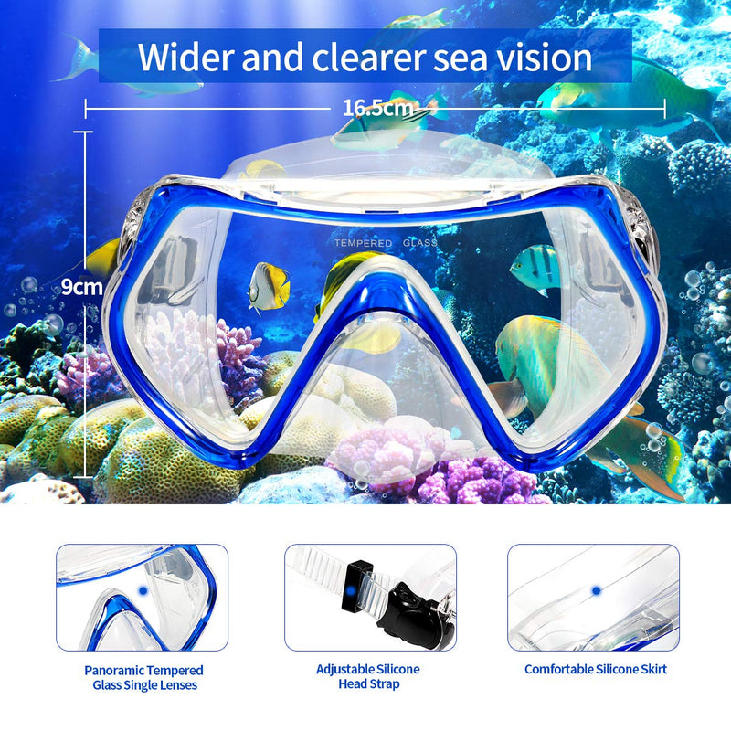 [AUSTRALIA] - Supertrip Snorkel Set Adults-Anti-Fog Film Scuba Snorkeling Diving Mask with Impact Resistant Temperred Glass|Dry Top Snorkel,2 Mouthpieces 1 Waterproof Case Included Blue-set 